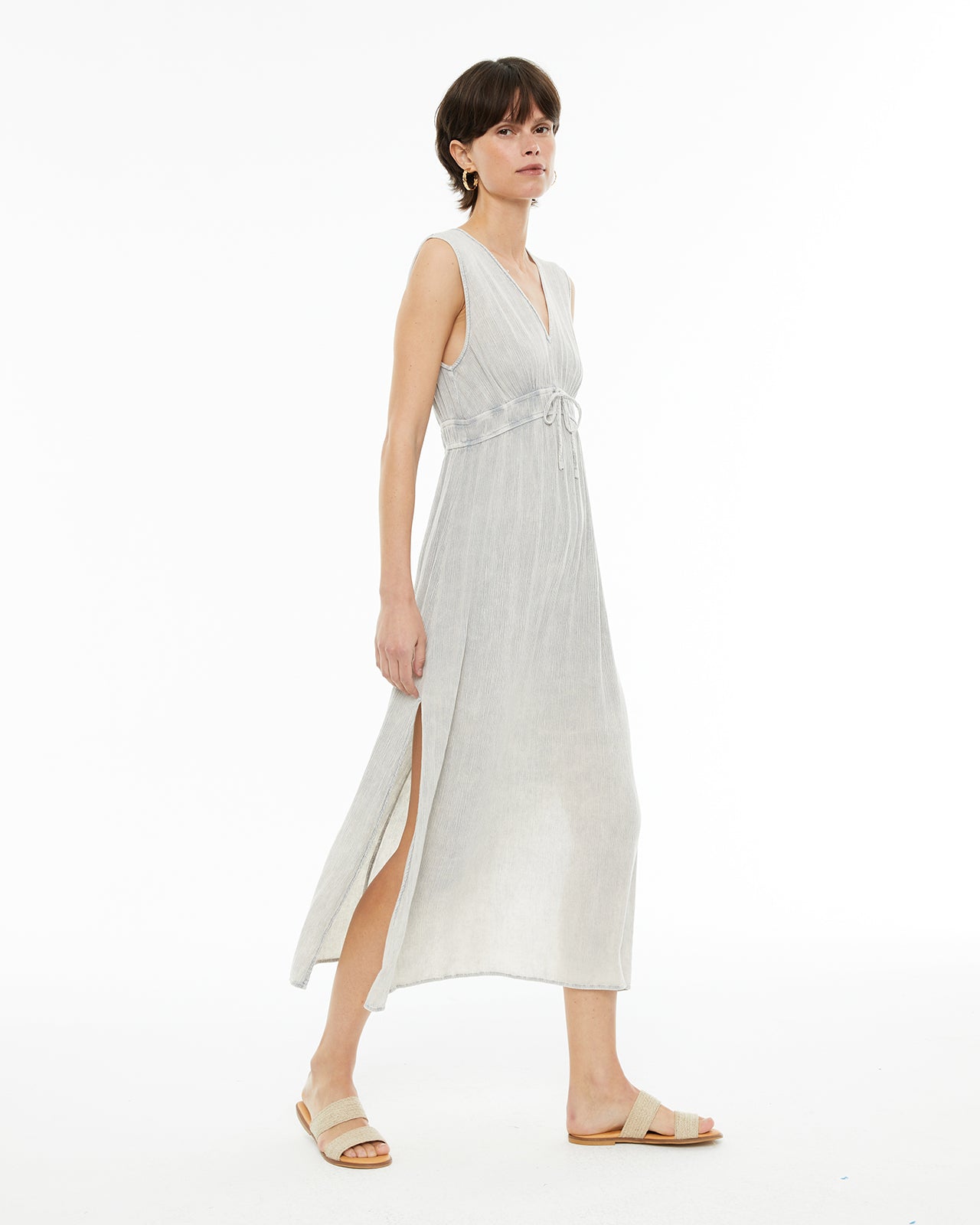 Vestido midi bambula con fruncido en la cintura