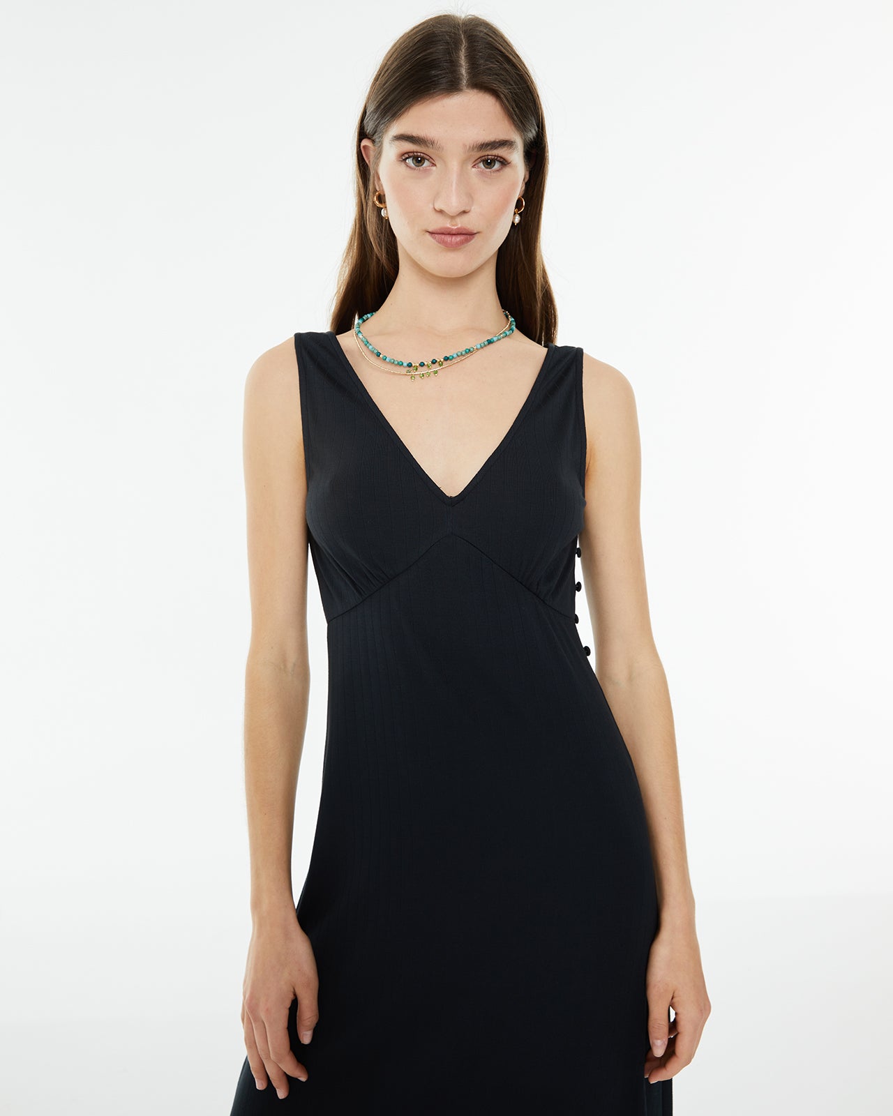 Vestido largo evasé de canalé sin mangas