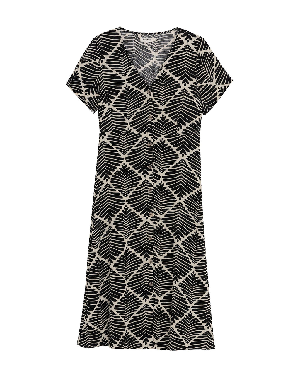Vestido midi estampado geométrico bicolor con cuello pico