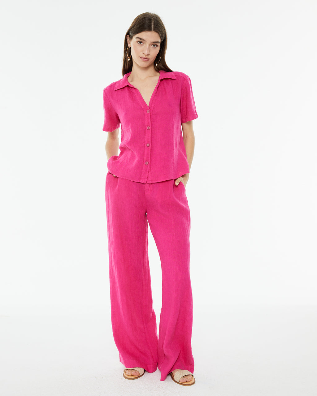 Camisa de lino de manga corta con escote camisero