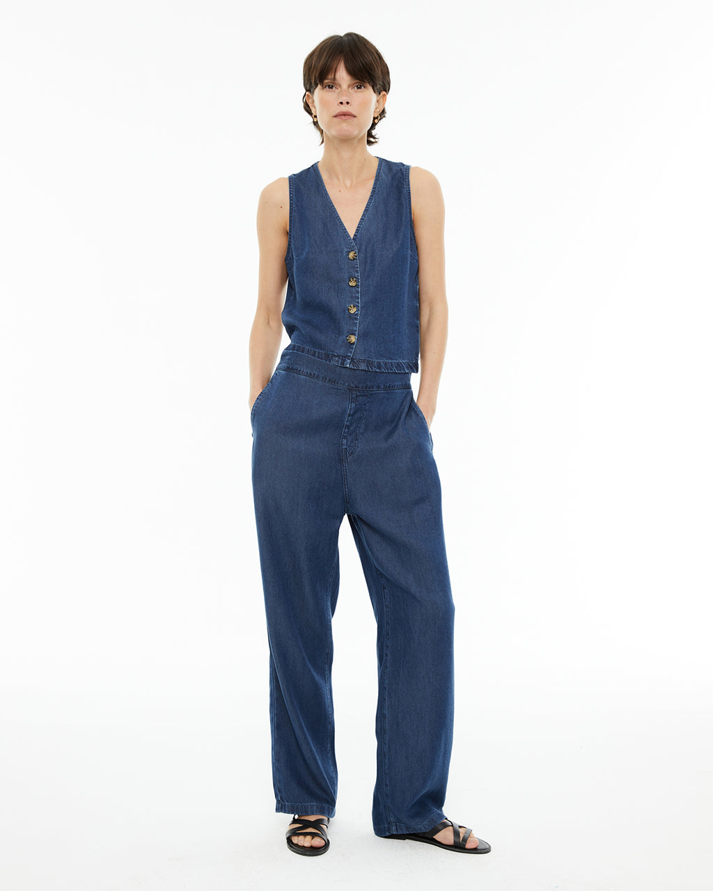 Chaleco de mujer fluido efecto denim con escote pico