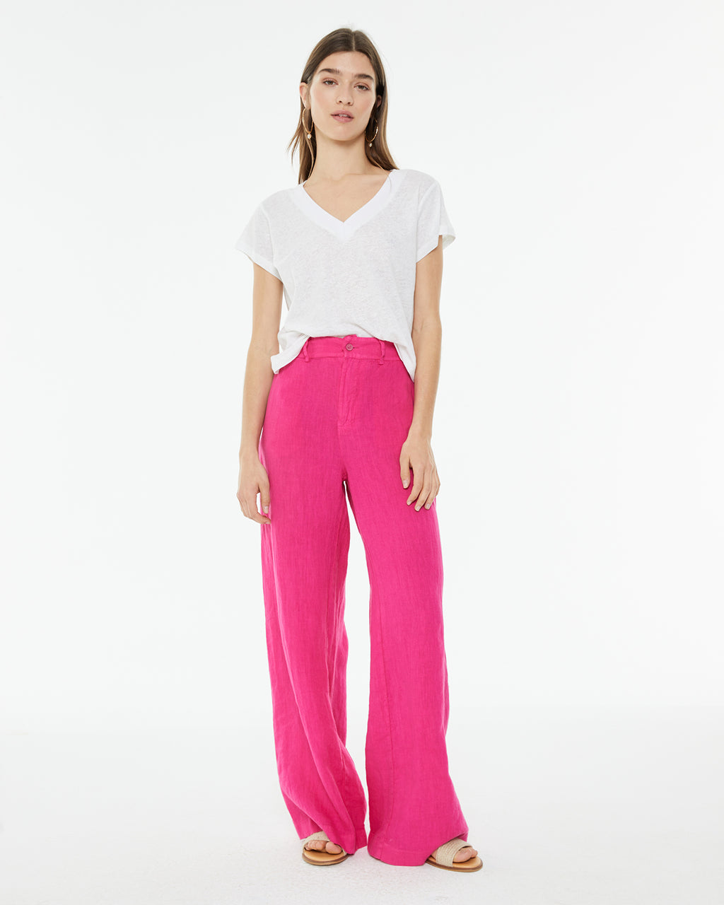 Camiseta de lino de cuello pico con detalle tira fantasía
