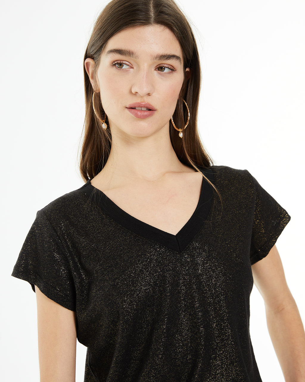 Camiseta de lino de cuello pico con detalle tira fantasía