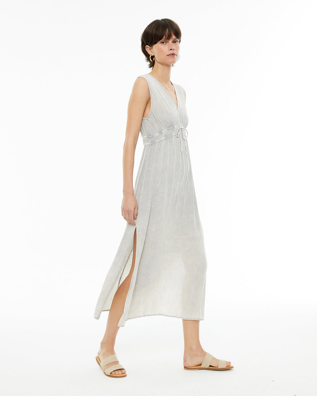 Vestido midi bambula con fruncido en la cintura