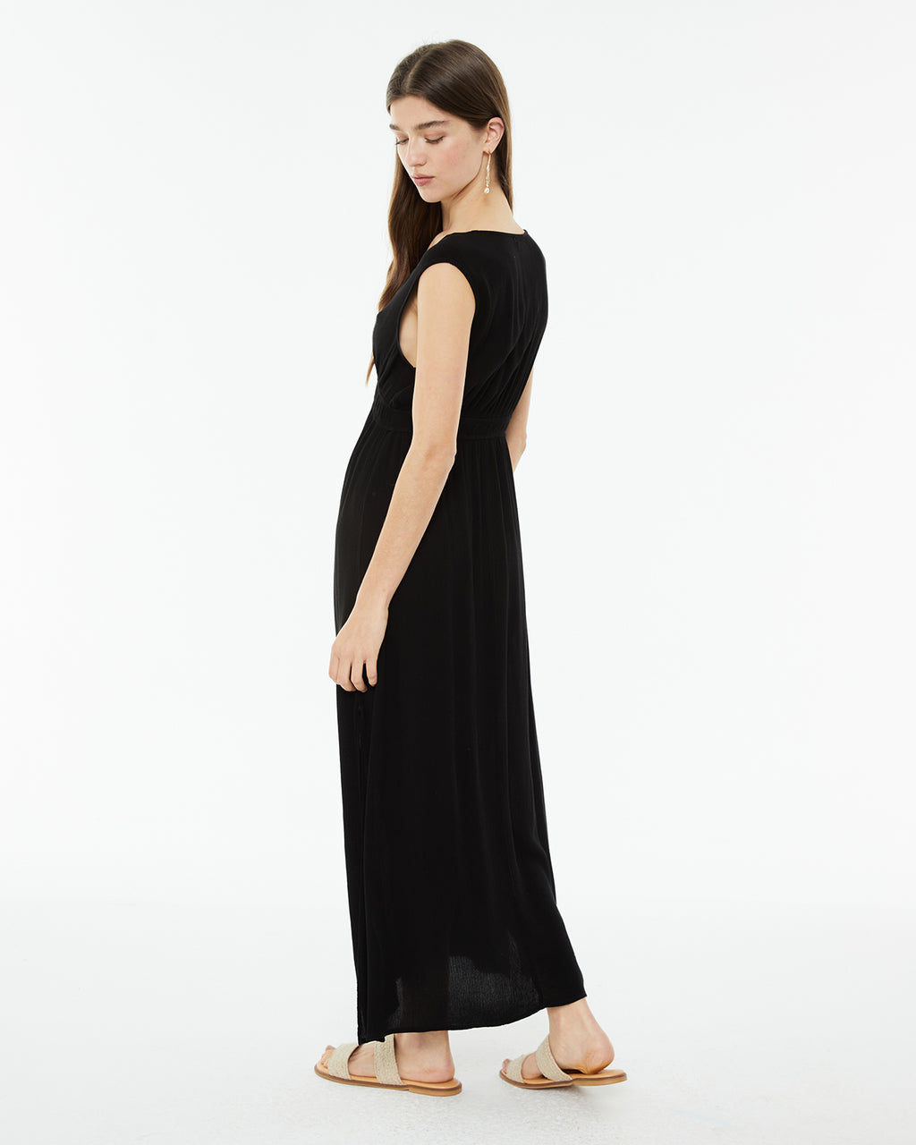 Vestido midi bambula con fruncido en la cintura