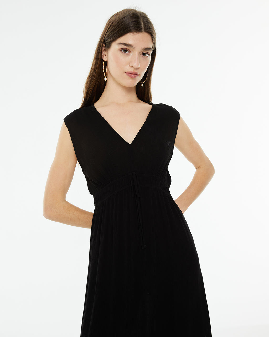 Vestido midi bambula con fruncido en la cintura