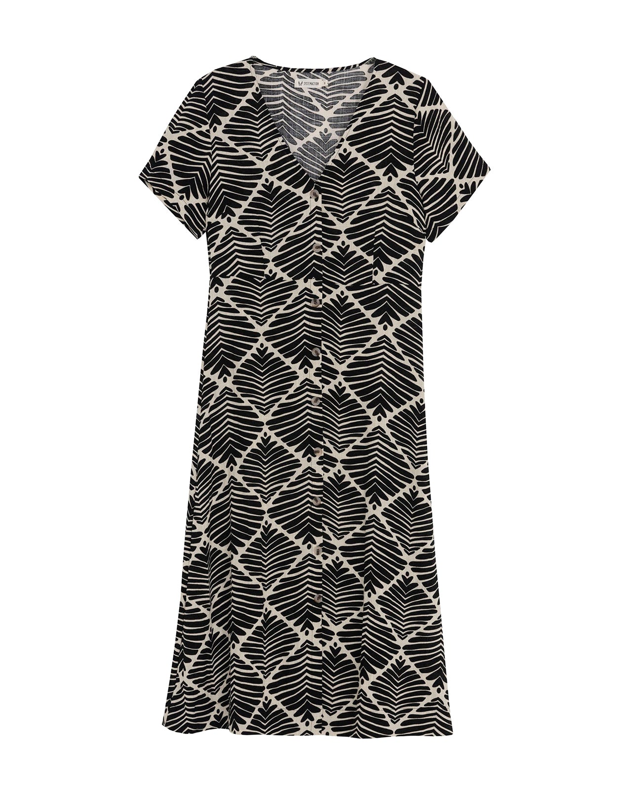 Vestido midi estampado geométrico bicolor con cuello pico