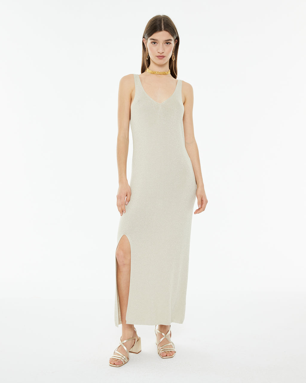 Vestido largo de punto con lúrex ajustado en cintura
