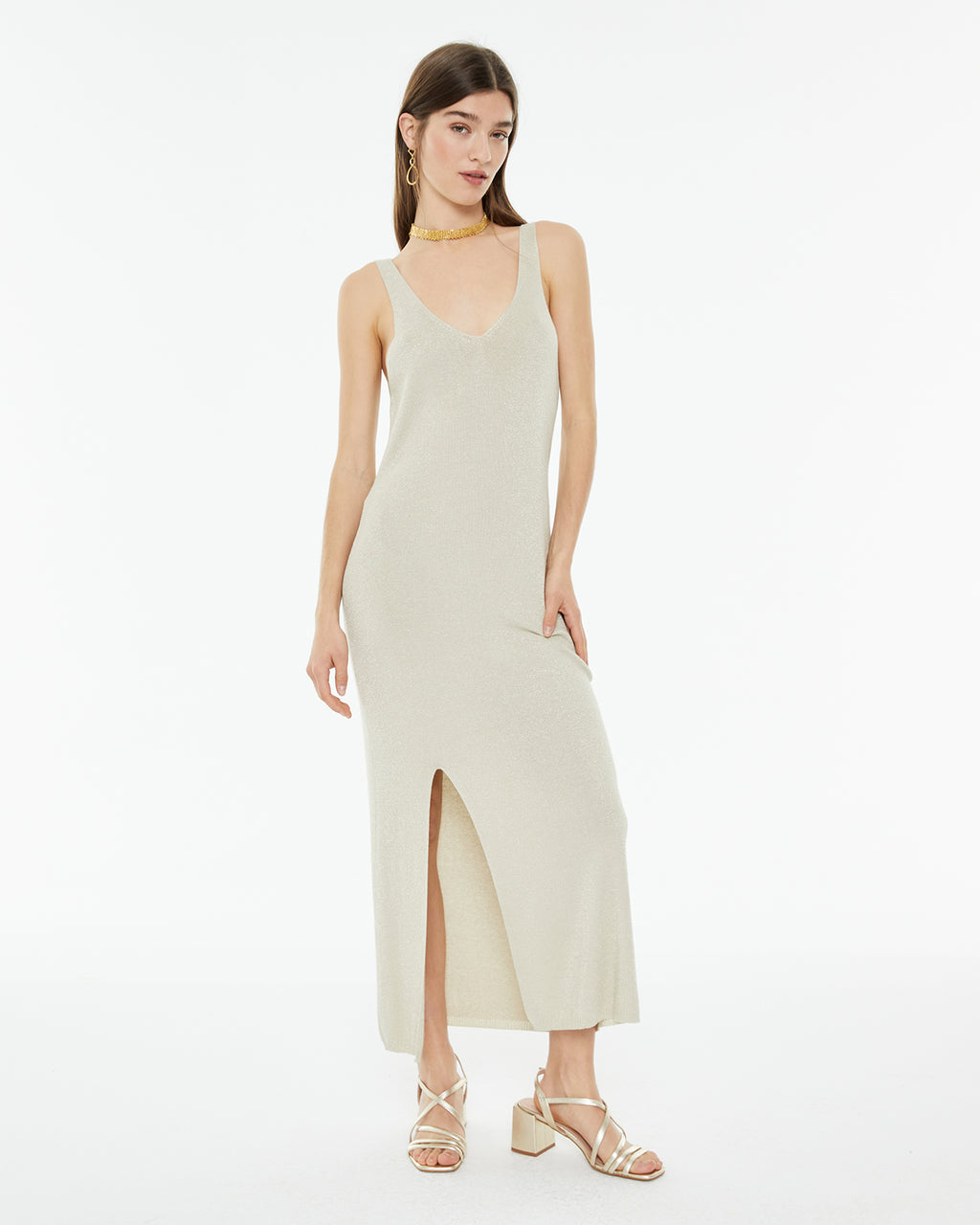 Vestido largo de punto con lúrex ajustado en cintura