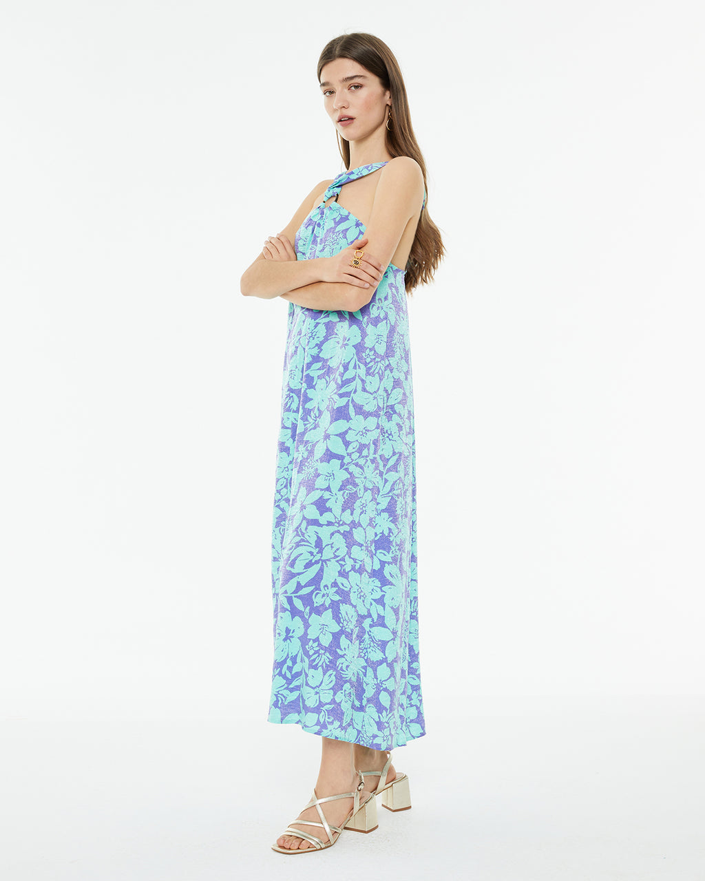 Vestido largo de fiesta estampado floral grande