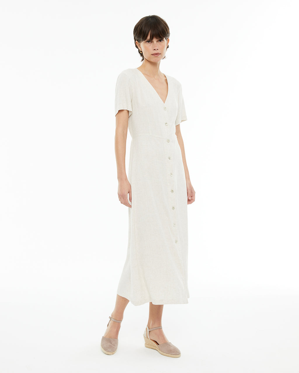 Vestido midi de manga corta abotonado delantero