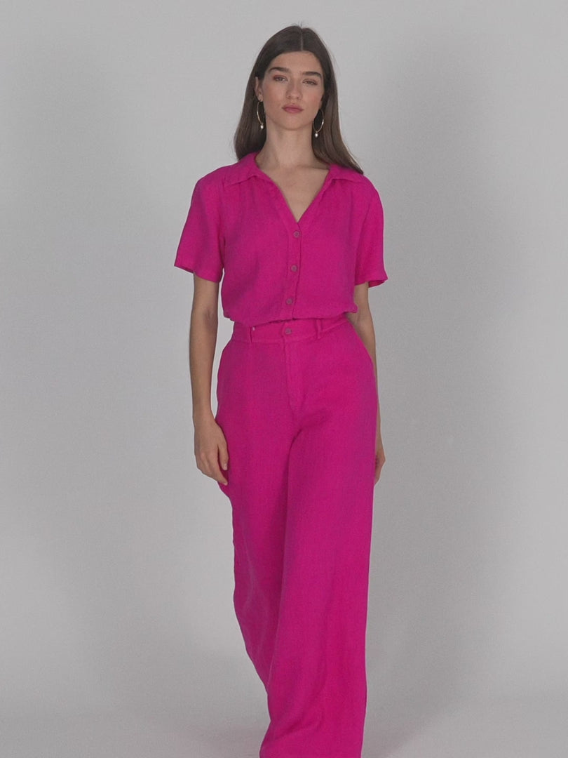 Camisa de lino de manga corta con escote camisero