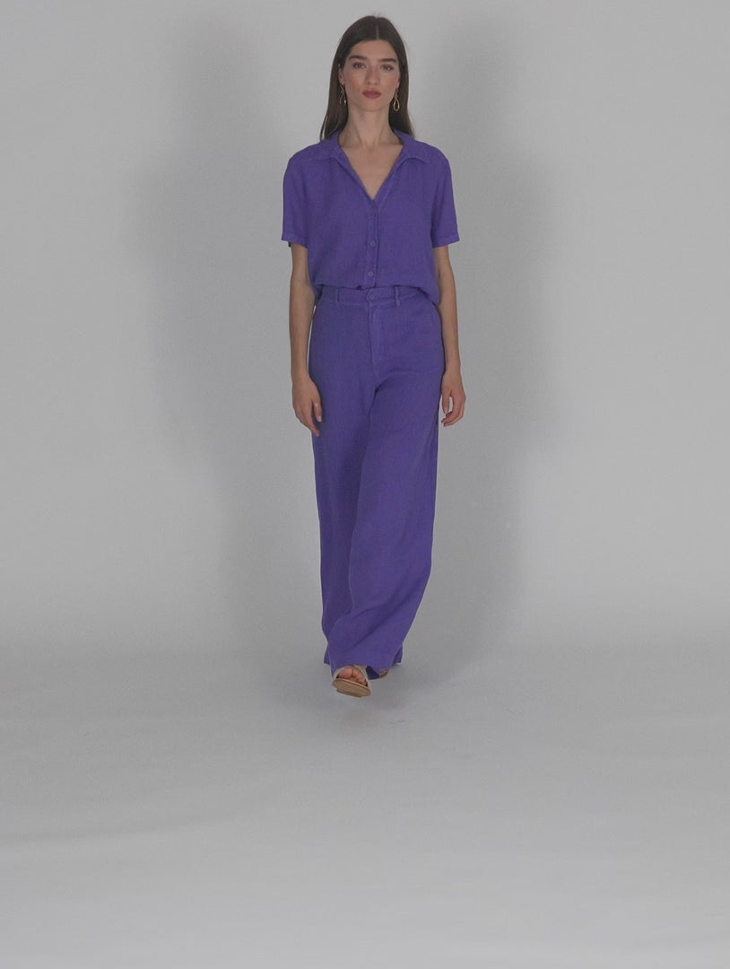 Camisa de lino de manga corta con escote camisero