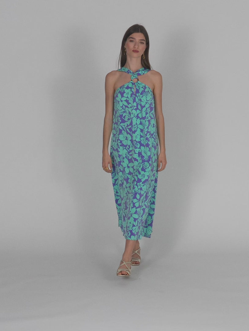 Vestido largo de fiesta estampado floral grande