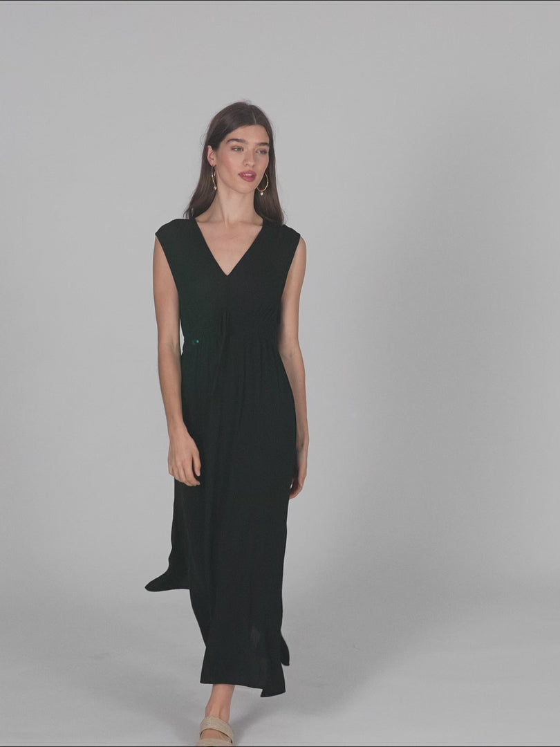Vestido midi bambula con fruncido en la cintura